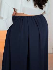 Pretty and Ole 加大码女式灰色高腰超长褶皱 A 字裙，带口袋，松紧腰带，秋季开学季 - 藏蓝色 - 查看 3