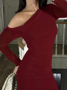 Ronhire 女士秋季网眼荷叶边优雅约会晚礼服，修身长袖中长款 - 酒紅色 - 查看 4
