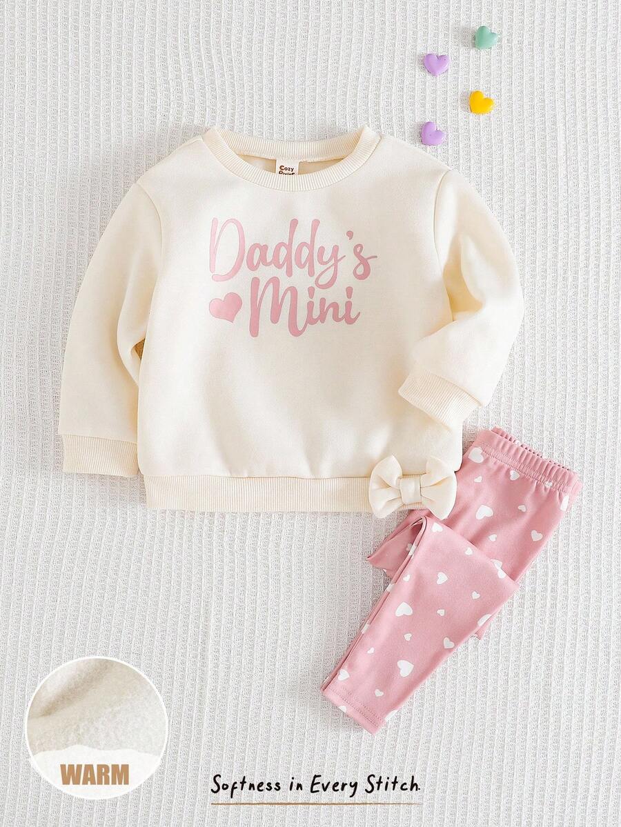 2pcs Young Girl Letter Heart Graphic Bow Knit Soft Crew Neck Long Sleeve Sweatshirt And Elastic Waist Pants Set - Apricot - View 1