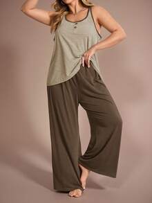 Knitted Casual Contrast Color Pajama Set (Top And Pants) - Apricot - View 1