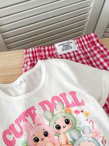 Genkimix Kids 2 peças/Conjunto Camiseta de Manga Curta com Estampa de Coelho para Meninas Jovens & Calça Xadrez Vermelha Solta de Perna Reta, Roupas de Algodão para Meninas - Branco - Visão 6