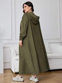 Modelyn 大码拼色条纹印花连帽休闲长袖夹克 - 軍綠色 - 查看 2