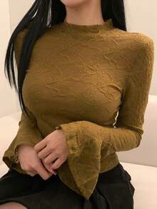 DAZY Women's Textured Fabric Fitted Long Sleeve Flare Cuff Crew Neck Sexy Elegant T-Shirt Going Out Tops Women - Ginger - View 1