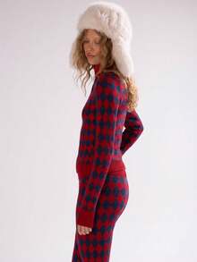 MUSERA Argyle Cross Knitted High Zip Neck Fitted Jumper Top Only Autumn Fall Winter Ski Vacation  Lounge Holidays Apres-Ski Aspen New Year Thanksgiving - Red - View 4