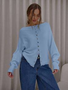 MUSERA Top de punto con cuello de barco, holgado, de murciélago, con botones delanteros, lindo, elegante, sexy, para usar en la calle o de noche en primavera - Neblina azul - Ver 5