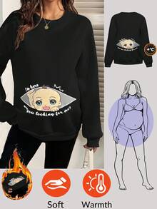 SHEIN Áo nỉ cổ tròn in họa tiết cho bà bầu cỡ lớn - màu đen - Xem 3