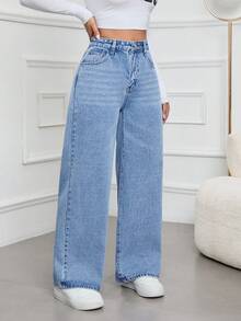 Jeanoix Jeans rectos de cintura alta lavados de manera casual - Lavado ligero - Ver 4