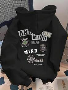 Glimmora 男士休闲字母印花连帽卫衣，秋冬款 - 黑色 - 查看 3