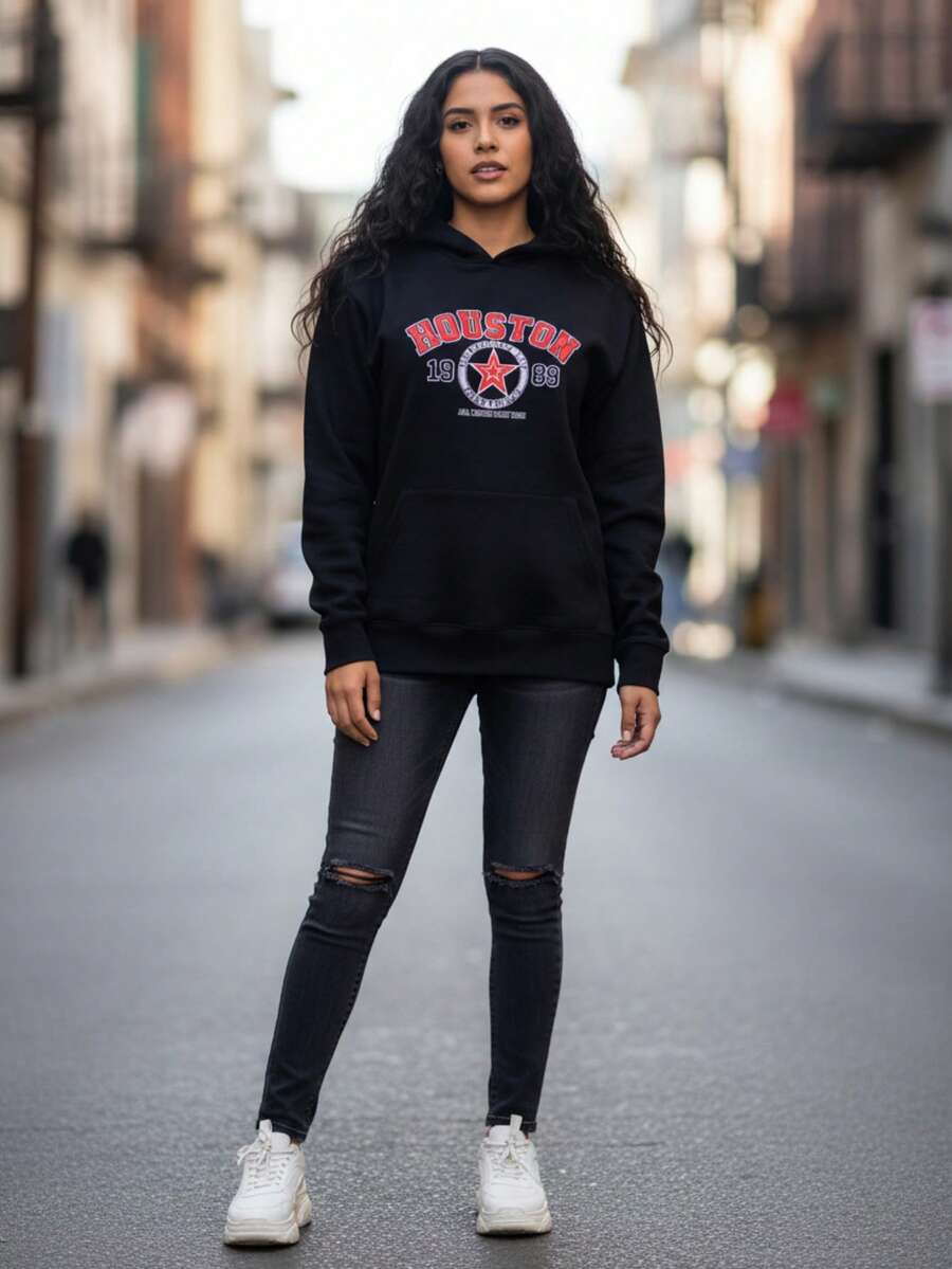Mujer casual sudadera oversize mezcla urbano estampado gráfico color sólido bolsillo capucha manga larga otoño invierno uso diario sudadera - Negro - Ver 1