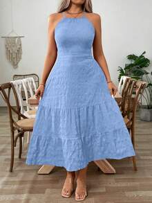 SHEIN Clasi Plus Size Women Solid Color Backless Ruffle Hem Halter Neck Vacation Dress - Blue - View 7