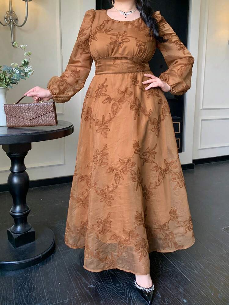 Dazy Plus Plus Size Elegant Embroidered Lace Waist Cinching Long Sleeve Lantern Sleeve Maxi Party Chiffon Dress Sundress