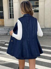 Serisse 女士秋季翻领双排扣无袖外套搭配牛仔裙休闲套装，优雅春夏情人节嘉年华服装通勤度假毕业时尚Y2K可爱街头风性感派对婚礼优雅商务休闲女装牛仔迷你连衣裙时尚无袖西装背心设计休闲 - 藍色 - 查看 2
