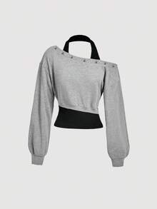 SHEIN MOD 女士休闲卫衣，撞色卫衣，不对称肩部设计，适合Y2K、复古、Grunge风格。 - 彩色 - 查看 5
