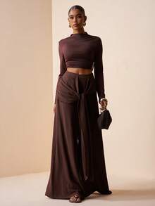 Zivah 2026春夏新款，适合婚礼季、音乐节、复活节、西部风、游牧风、波西米亚风、纳什维尔风、派对、婚礼、晚宴、约会、聚会、生日、学院风、学生装、日常休闲、百搭、休闲、度假、邮轮旅行、海滩、日光浴、爆款、优雅、通勤、商务休闲阔腿裤，腰部系带，深棕色裤子，春夏裤，休闲裤，度假裤，优雅裤，通勤裤，女裤 - 咖啡棕 - 查看 8