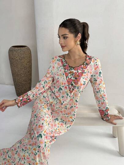 Yasmyna Women's Spring Vacation Style Allover Floral Print Contrast Binding Scallop Trim Arabic Dress