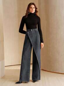 Anewsta Asymmetrical Design Women's Loose Fit Pockets Wide Leg Jeans - Grey - View 7