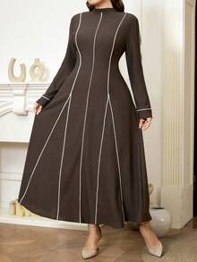 Veilorie Damen Lässig Kleid in Große Größen mit Stehkragen, Langarm und Taillenzug - Kaffeebraun - Übersicht 1