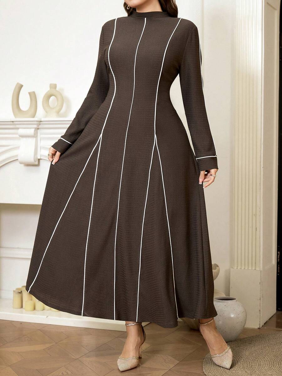 Veilorie Damen Lässig Kleid in Große Größen mit Stehkragen, Langarm und Taillenzug - Kaffeebraun - Übersicht 1