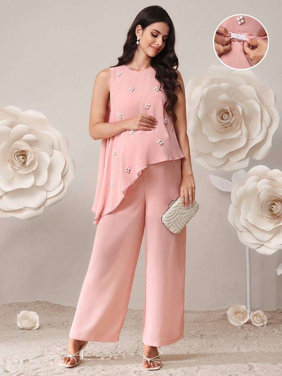 SHEIN Pink Maternity Two-Piece Set,Elegant Summer Pregnant Clothes For Baby Shower,Faux Pearl Decor Asymmetric Hem Top And Pants Nursing Set,Comfortable - Pink - View 1