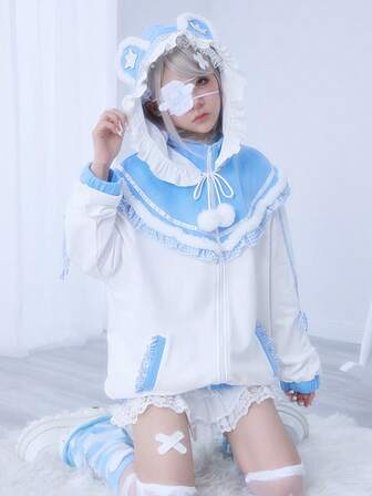 Anime Sudadera con capucha con orejas de oso, detalles de encaje y bloques de color para mujer