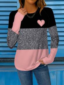 EMERY ROSE 女士圆领爱心印花撞色长袖休闲T恤，春季新款 - 彩色 - 查看 3