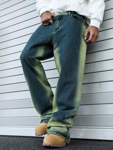 Manfinity EMRG 男士口袋纽扣撞色毛边休闲百搭通勤喇叭牛仔裤 - 中等水洗藍 - 查看 6