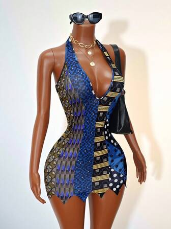 BamGleam Halterneckfärgad tryckt miniklänning med asymmetrisk fåll, sexig design