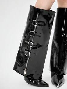 ROMWE Grunge Punk Women's Fashion Commuter Buckle Pointed Toe Knee-High Boots Valentine's Day - Black - View 2