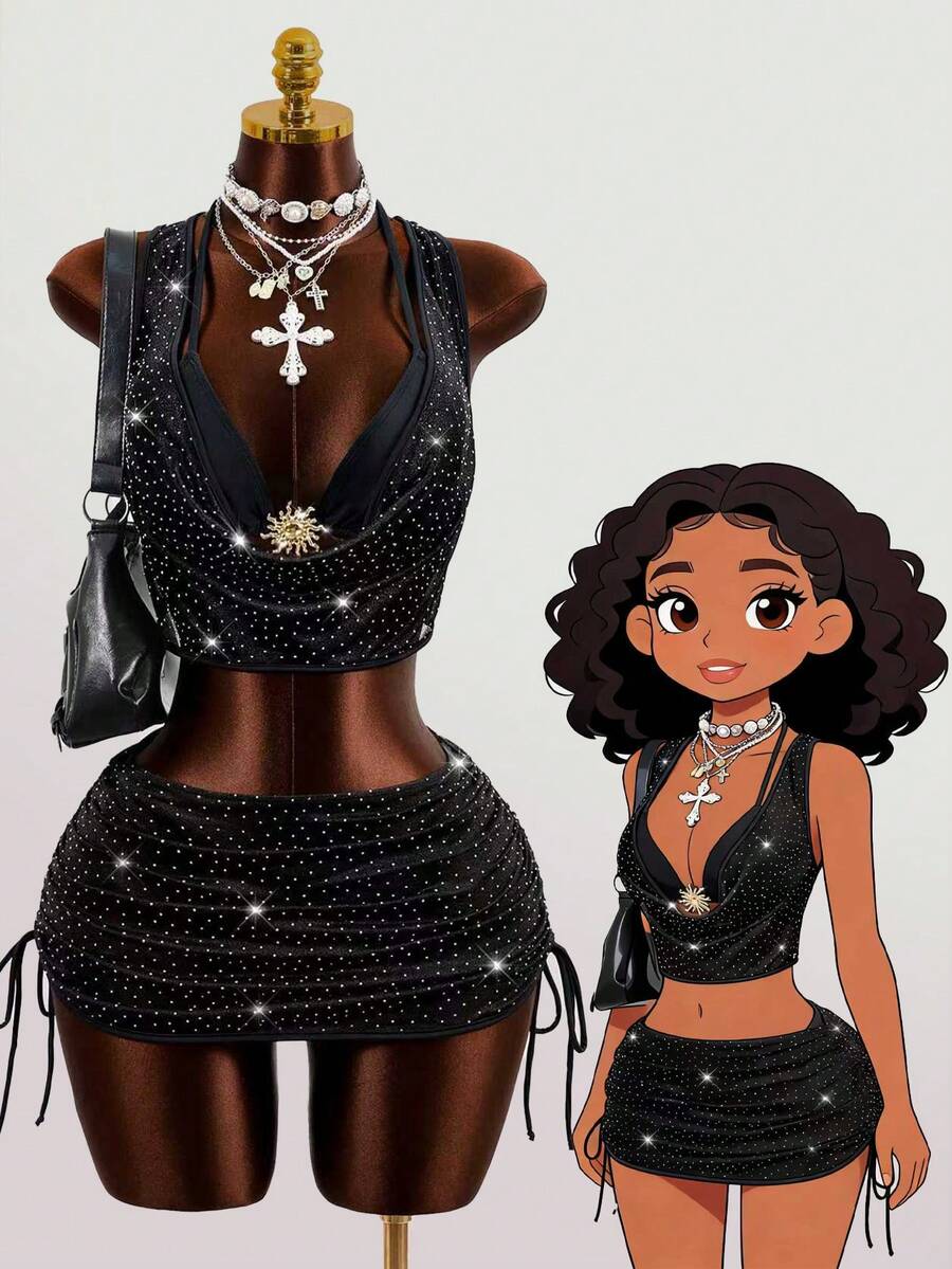 Zestiva Bộ trang phục dự tiệc 4 món cho nữ: Áo cổ xếp ly lấp lánh, Chân váy ngắn bó sát có dây rút, Bikini buộc dây - màu đen - Xem 1