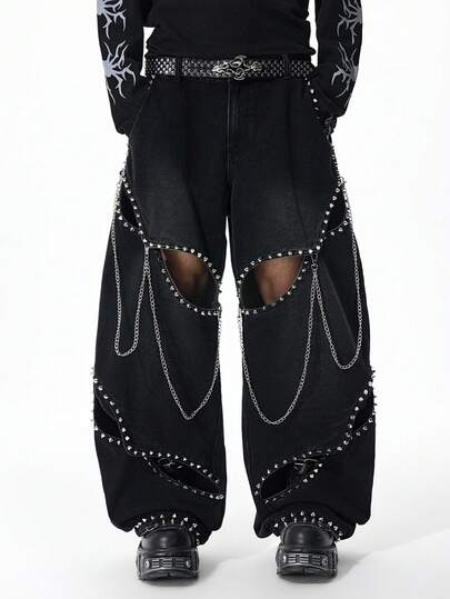 Street Life Herren Mode Gürtel Nieten Ausschnitt Jeans