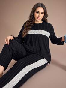 SHEIN 2-teiliges Set in Große Größen, personalisierter Farbspleiß, gebürsteter Fleece Trainingsanzug, Herbst-Winter Kleidung, gemütlicher Outfit, flauschiger Schlafanzug - Schwarz - Übersicht 1