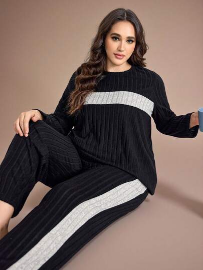 Snug Zone Plus Size 2pcs Set Personalized Splice Color Brushed Fleece Sweatsuit, Fall Winter Clothes, Cozy Outfit, Fluffy Pajama