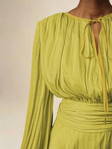 Vesra Apricot Color Tie-Up Long Sleeve Ruffle Hem Design Women's Short Dress - Green - View 7