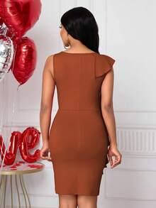 Lyxana Women's Ruffle Sleeve Fitted Elegant Ruffle Hem Short Dress, Valentine's Day Brown Bodycon Dress Brown Elegant Dress Women Rust Brown Dress Brown Sexy Dress - Coffee Brown - View 2