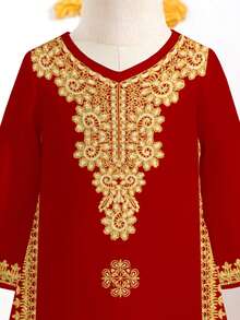 女婴可爱优雅复古酒红色连衣裙，饰有金色蕾丝印花，适合春夏及节日场合 - 彩色 - 查看 6