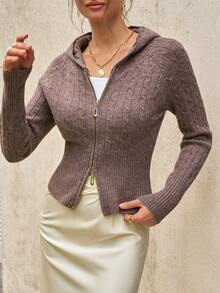 Cévolie Women's Raglan Sleeve Zip-Up Casual Cable Knit Hooded Cardigan - Coffee Brown - View 3