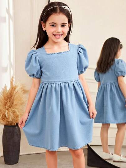 Young Girl' Blue Denim Bubble Short Sleeve Dress,Summer Outfits,Casual And Fashionable Vacation Outfits,Street Wear,2000s Style ,Comfortable And Soft Denim,Comfortable And Soft Denim Shorts, Summer Denim Dress