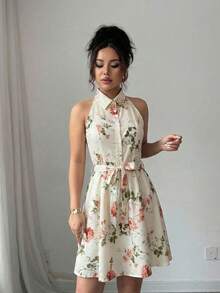 SHEIN Elenzya Sleeveless Shirt Dress With Waist Cinching A-Line Floral Print, Elegant & Romantic Women's Vacation Dress - Multicolor - View 4