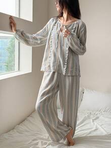 DAZY Sweet Plaid Frill Trim Loose Lantern Sleeve Women Pajama Set - Apricot - View 5