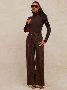 NYA SZN 女士条纹印花口袋优雅直筒裤，适合通勤 - 藍色 - 查看 2