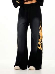 SUMWON WOMEN Oversized Washed Black Sweatpants With Orange Flame Print Wide Leg Drawstring Waist Casual Loungewear Pants - Black - View 1