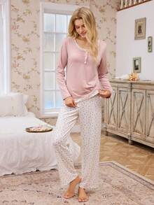 CottageSlumber 2pcs Pink Floral Patchwork 2 In 1 Long Sleeve Pajama Set Pj Sets For Women Long Sleeve - Multicolor - View 6