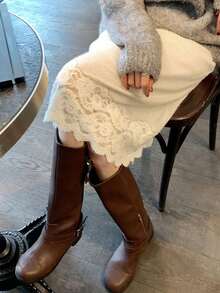 DAZY Women's Fashionable Lace Patchwork A-Line Skirt, Versatile And Slimming