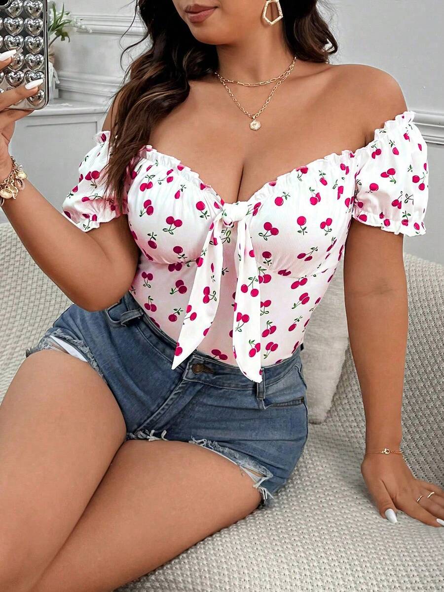 SHEIN LUNE Cherry Stripe Plus Size Off-Shoulder Short Sleeve T-Shirt - Multicolor - View 1