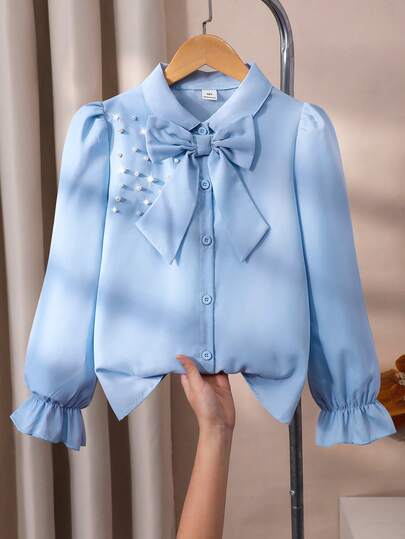 بلوزة للبنات، أكمام طويلة منتفخة، زخرفة من اللؤلؤ على الكتفين، زخرفة فيونكة قابلة للإزالة، قصة فضفاضة، طراز نشيط، قماش مريح، مناسبة للارتداء مع فستان قميص أو كبلوزة داخلية، للربيع والخريف