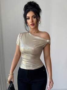 SHEIN Elenzya 女士金属色短袖不对称褶皱修身T恤，适合派对、约会、日常穿着、假日、度假等场合。 - 金色 - 查看 7