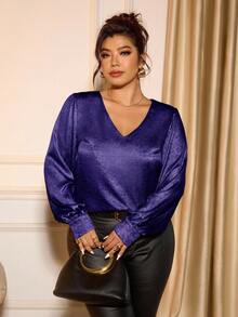 Cravure 大码女式纯色极简V领衬衫，日常穿着，金属面料 - 紫色 - 查看 6