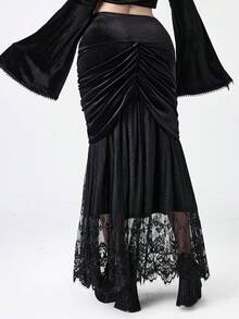 ROMWE EDITION Váy cỡ lớn dành cho nữ, kiểu dáng cổ điển Gothic lãng mạn, chất liệu nhung và ren tương phản. - màu đen - Xem 4