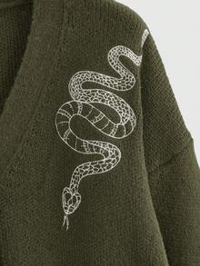 ROMWE Gothic Snake & Moon Embroidery V-Neck Loose Cardigan, Plus Size - Army Green - View 3
