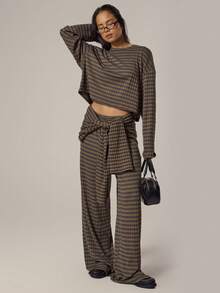 MUSERA 罗纹条纹阔腿弹力腰裤，春季少女风，日常穿搭，可爱休闲甜豌豆 - 彩色 - 查看 4